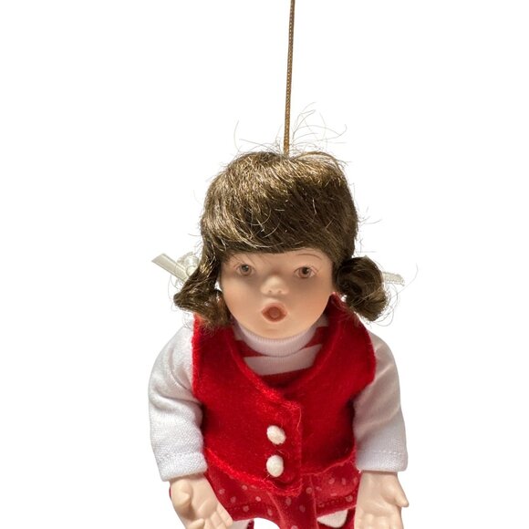 Vintage Porcelain Doll Ornament With Red Polka Dot Dress & White Tights - Picture 3 of 9